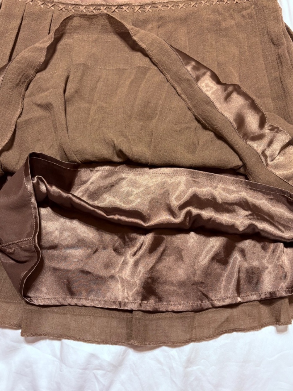 Designer Vintage 2002 Stefanel Brown Satin Trim Pleated Midi Skirt Size 6 - Picture 6 of 10